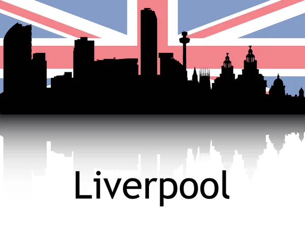 英国利物浦国旗背景下城市景观全景反思的黑色轮廓 — 图库矢量图片