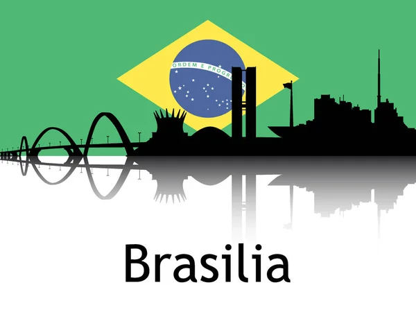 Czarna Sylwetka Panoramy Miasta Refleksja Tłem Narodowa Flaga Brazylii Brazylia — Wektor stockowy