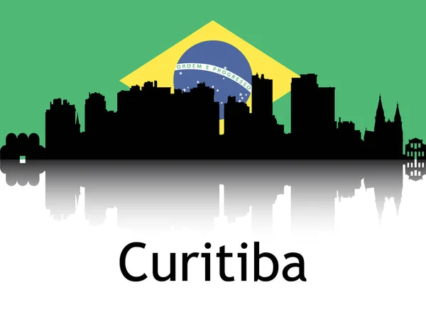 Černá Silueta Reflexe Panoramatu Cityscape Pozadím Národní Vlajka Curitiby Brazílie — Stockový vektor