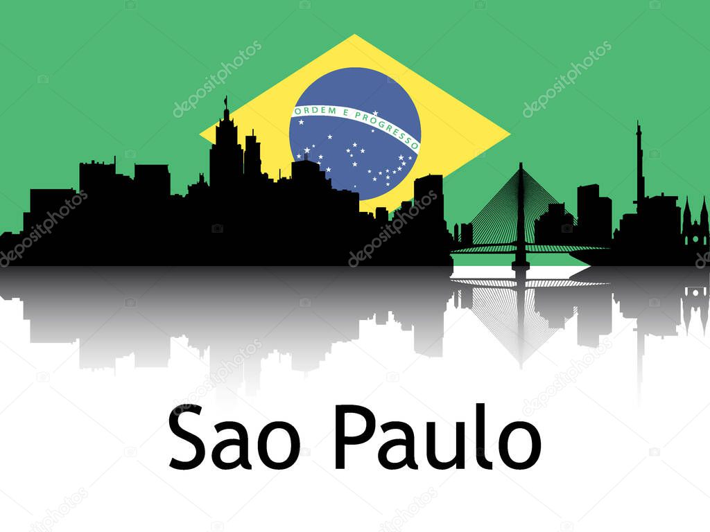 Black Silhouette of Cityscape Panorama Reflection With Background National Flag of Sao Paulo, Brazil