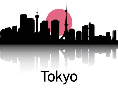 Tokyo, Japonya 'nın Ulusal Bayrağıyla Siyah Şehir Manzarası Panorama Yansıması
