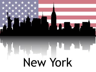 New York City, New York 'un Ulusal Bayrağı Altında Siyah Siluet Panorama Yansıması