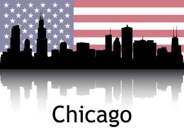 Şikago, Illinois 'in Ulusal Bayrağı Altında Siyah Siluet Panorama Yansıması