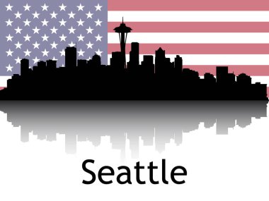 Siyah Siluet Şehir Manzarası Panorama Yansıması Seattle Ulusal Bayrağı, Washington