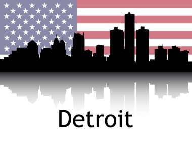 Detroit, Michigan 'ın Ulusal Bayrağıyla Siyah Şehir Manzarası Panorama Yansıması