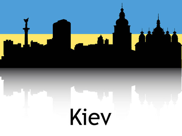 Black Silhouette of Cityscape Panorama Reflection With Background National Flag of Kiev, Ukraine