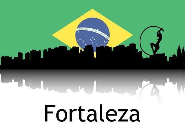 Černá Silueta Reflexe Panoramatu Cityscape Pozadím Národní Vlajka Fortalezy Brazílie — Stockový vektor