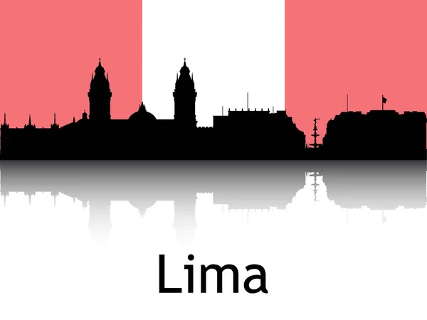 Czarna Sylwetka Panoramy Miasta Refleksja Tłem Flaga Narodowa Limy Peru — Wektor stockowy