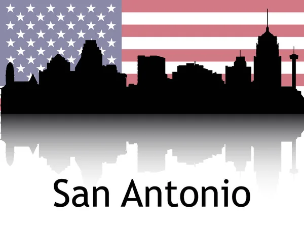 背景と都市景観パノラマの反射の黒シルエット 国立サンアントニオ旗 テキサス州 — ストックベクタ