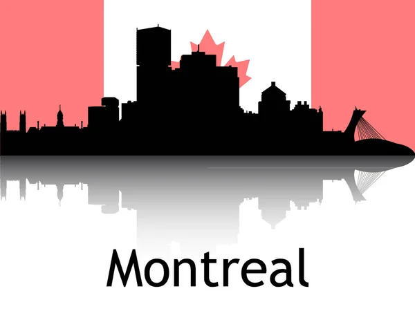 加拿大蒙特利尔背景国旗下城市景观全景反思的黑色轮廓 — 图库矢量图片