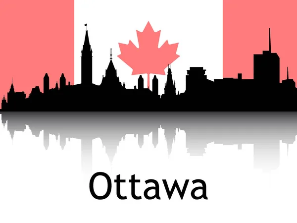 加拿大渥太华背景国旗下城市景观全景反思的黑色轮廓 — 图库矢量图片
