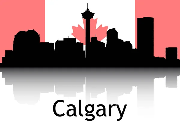 加拿大卡尔加里国旗背景下城市景观全景反思的黑色轮廓 — 图库矢量图片