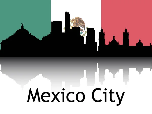 Black Silhouette Cityscape Panorama Reflection Background National Flag Mexico City — стоковый вектор