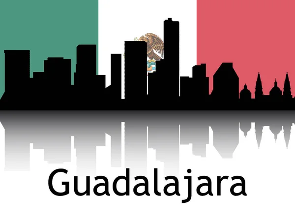 Silhueta Negra Reflexão Panorama Cityscape Com Bandeira Nacional Guadalajara México — Vetor de Stock