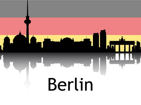 Czarna Sylwetka Panoramy Miasta Refleksja Tłem Flaga Narodowa Berlina Niemcy — Wektor stockowy