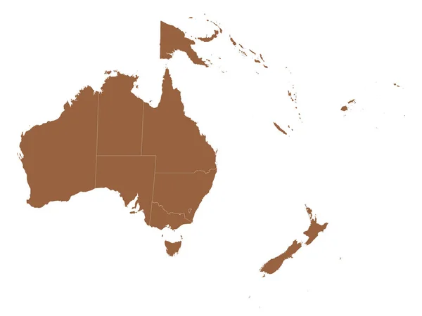 Brown Flat Vector Mapa Oceanii Granicami Kraju Białym Tle — Wektor stockowy