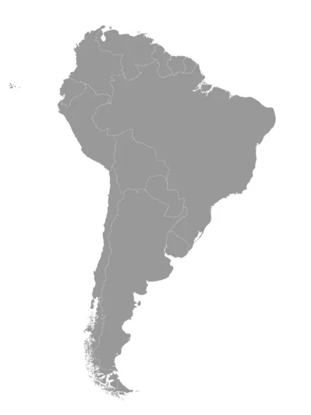Graue Flache Vektorkarte Von Südamerika Mit Ländergrenzen Auf Weißem Hintergrund — Stockvektor