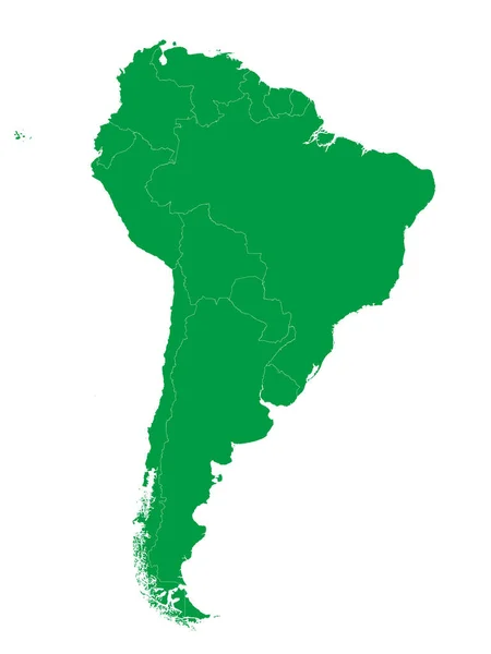 Zielony Wektor Płaski Mapa Ameryki Południowej Granicami Kraju Białym Tle — Wektor stockowy