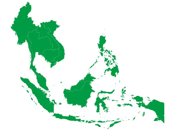Green Flat Vector Map Southeast Asia Country Borders White Background — Stock Vector