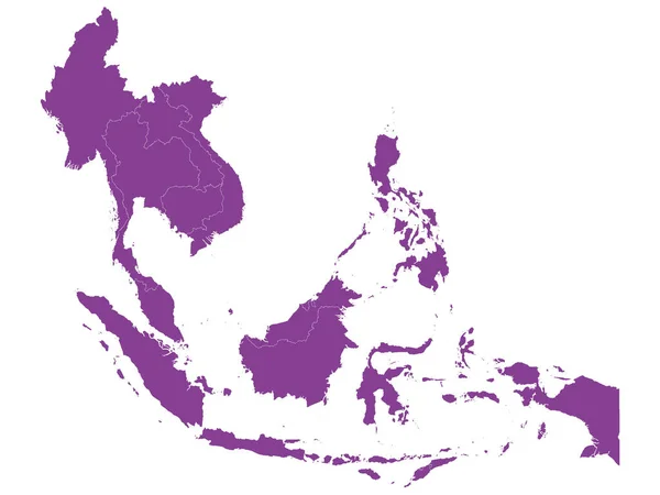 Délkelet Ázsia Lila Lapos Vektortérképe Országhatárokkal Fehér Háttéren — Stock Vector