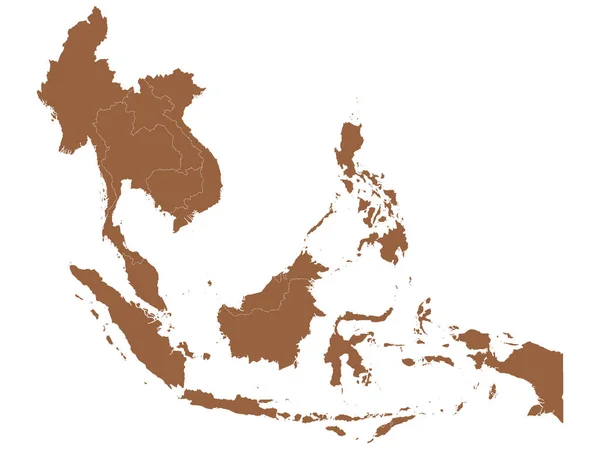 Mapa Vectorial Plano Marrón Del Sudeste Asiático Con Fronteras Nacionales — Vector de stock