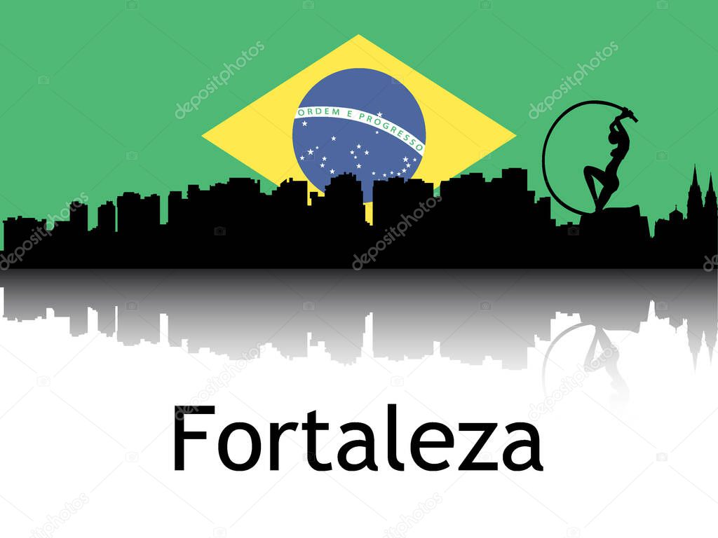 Black Silhouette of Cityscape Panorama Reflection With Background National Flag of Fortaleza, Brazil