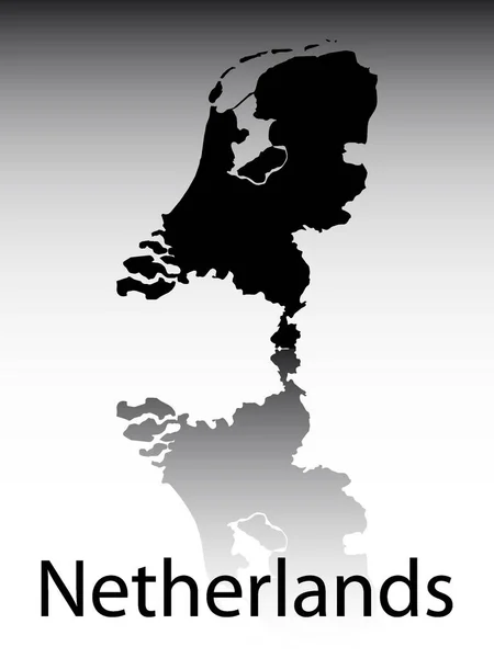 灰色のグラデーションの背景を反映したオランダのヨーロッパ諸国の黒いラベル付きシルエットマップ — ストックベクタ