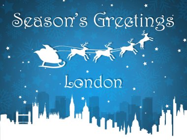 İngiltere, Londra 'nın Siluet Şehri Skyline Panorama' sının 3D Mavi Vektör İllüstrasyonlu Yılbaşı Kartpostalı