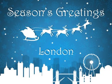 İngiltere, Londra 'dan Siluet Şehri Skyline Panorama' nın Bir Mevsimin Noel Kartpostalının 3D Mavi Vektör İllüstrasyonu