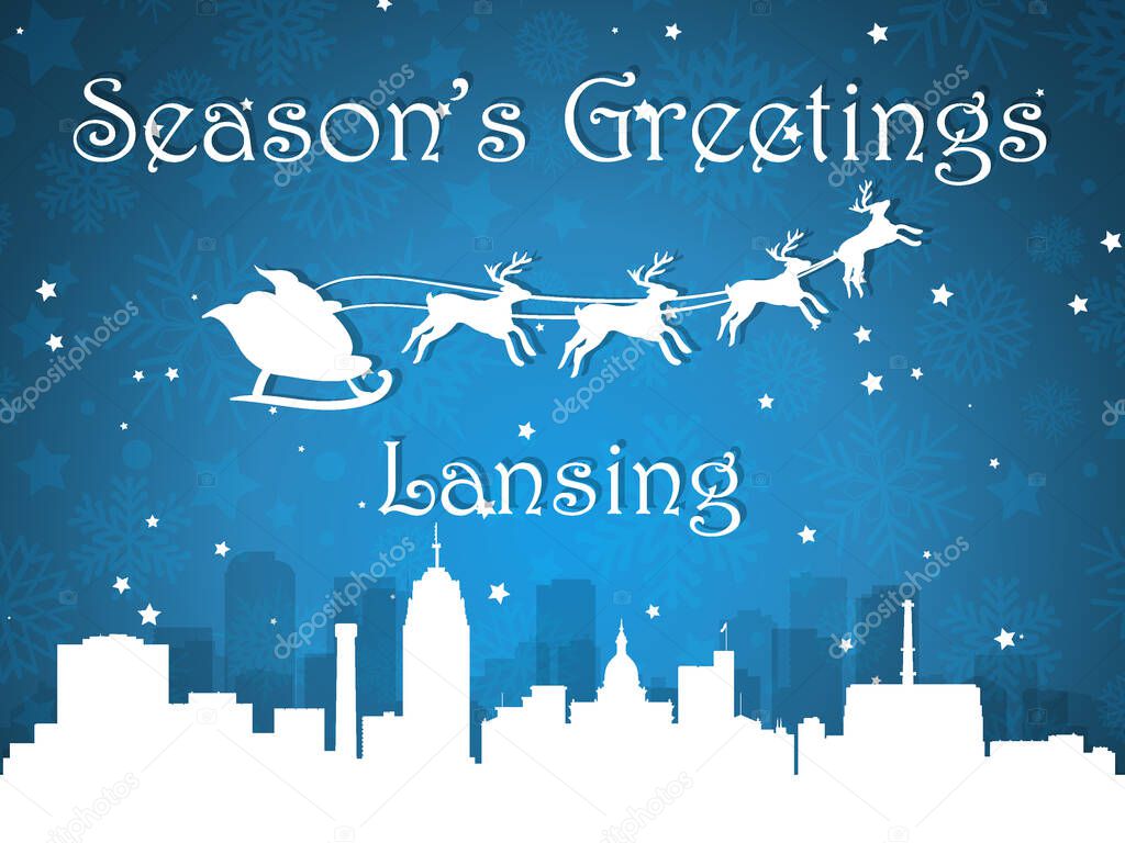 3D Blue Vector Illustration of a Season's Greetings Christmas Postcard of the Silhouette Cityscape Skyline Panorama of Lansing, Michigan