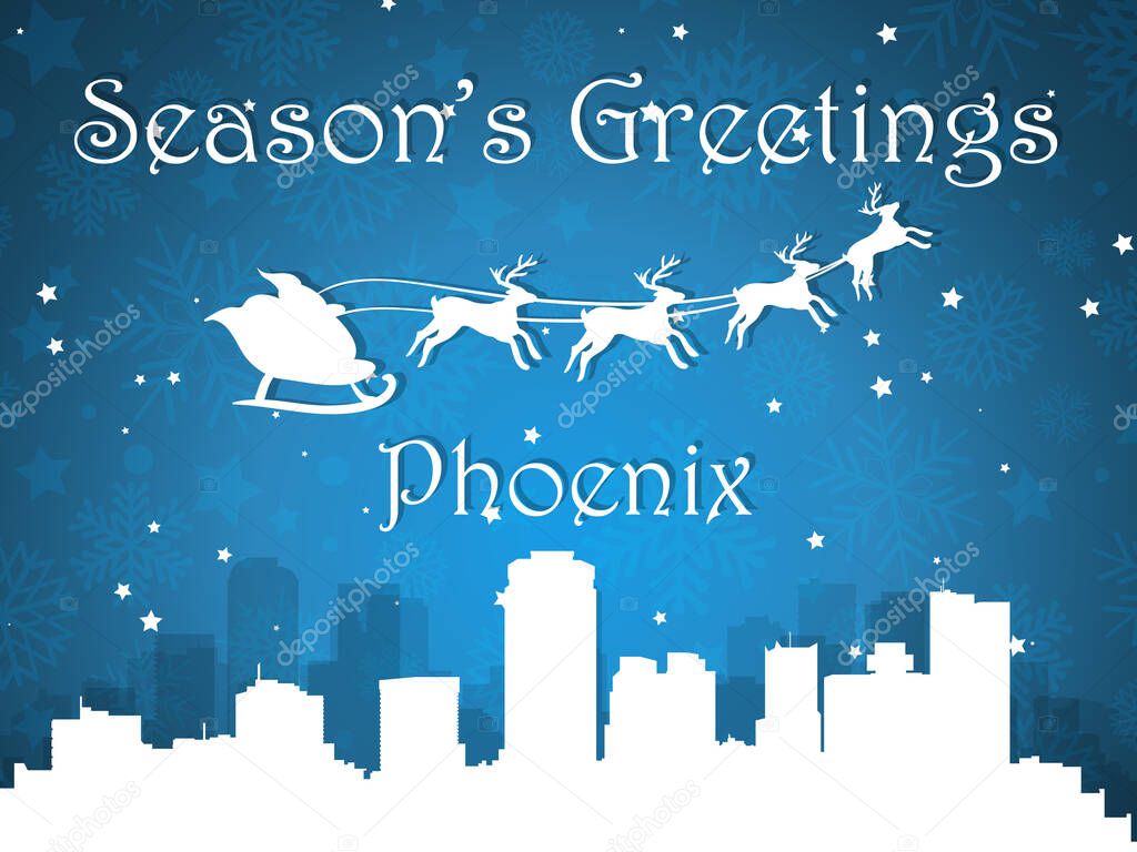 3D Blue Vector Illustration of a Season's Greetings Christmas Postcard of the Silhouette Cityscape Skyline Panorama of Phoenix, Arizona