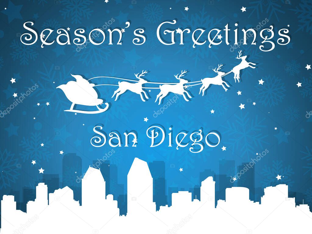 3D Blue Vector Illustration of a Season's Greetings Christmas Postcard of the Silhouette Cityscape Skyline Panorama of San Diego, California
