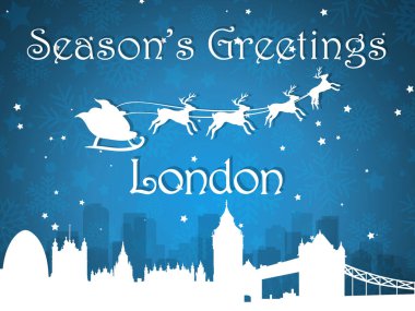 Londra, İngiltere 'den Siluet Şehri Skyline Panorama' nın Noel kartpostalının 3D Mavi Vektör İllüstrasyonu