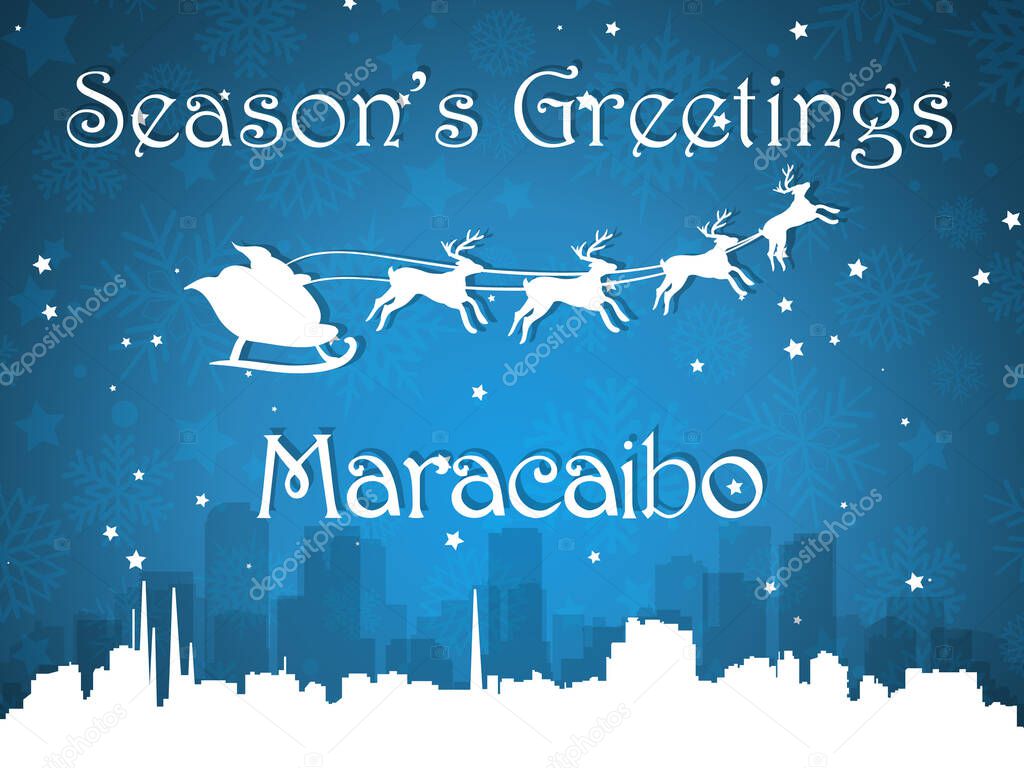 3D Blue Vector Illustration of a Season's Greetings Christmas Postcard of the Silhouette Cityscape Skyline Panorama from Maracaibo, Venezuela