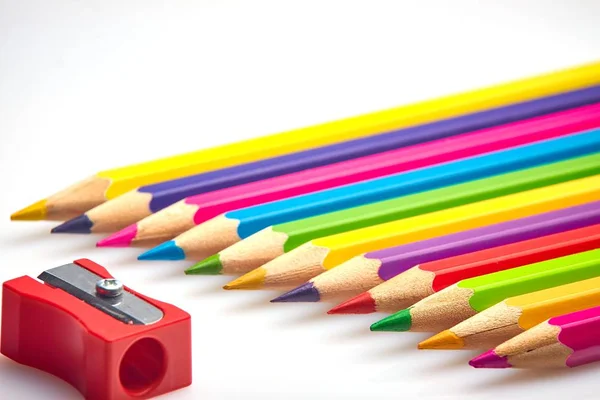 Bright Colored Pencils Laid Out Table Ready Operation Can Used — Stock Photo, Image