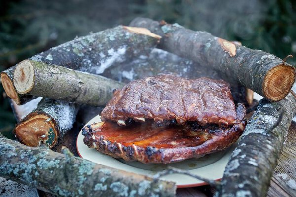 Нарезанные свежие свиные ребрышки лежат снаружи на тарелке на пикнике