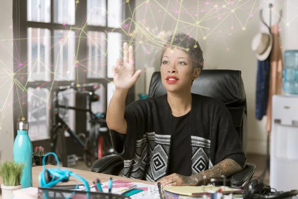 Professional Woman Working Futuristic Web Projection Her Office — ストック写真