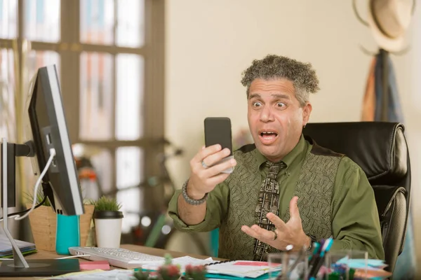 Handsome Professional Man Creative Office Reacting His Mobile Device — Stock Photo, Image