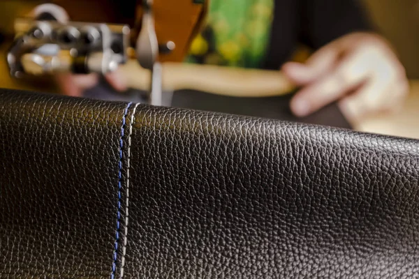 Black Leather Foreground Industrial Sewing Machine Showing White Blue Stitches — Stock Photo, Image