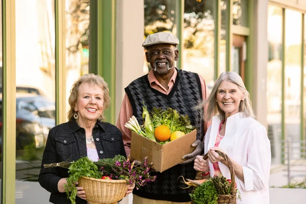 Trois aînés revenant d'un marché agricole avec épicerie — Photo