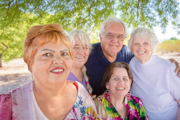 Grupo Amigos Mayores Sonrientes Juntos Aire Libre Imagen de stock