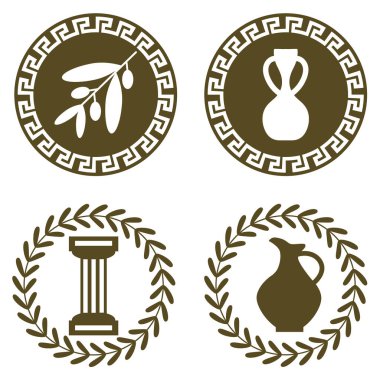 Zeytin dalı, amfora, sürahi ve dorik sütunlu antik logolar. Antika ve Yunanistan 'ın sembolleri