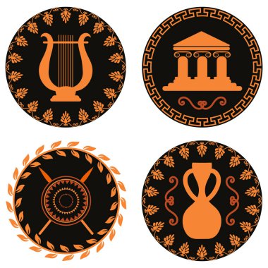 Tapınağı, amforası, kalkanı ve mızrağı olan antik logoları var. Antika ve Yunanistan 'ın sembolleri. Geçmiş simgeleri