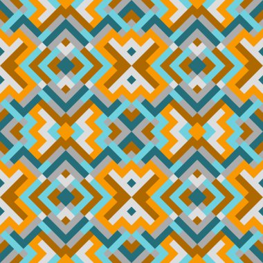 Üçgenleri ve kareleri olan geometrik dikişsiz vektör deseni. Gri, mavi ve sarı renklerde tasarım için sonsuz soyut arkaplan