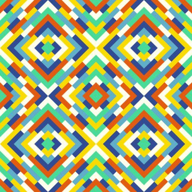 Üçgenleri ve kareleri olan geometrik dikişsiz vektör deseni. Kırmızı, mavi, yeşil ve sarı renklerde tasarım için sonsuz parlak soyut arkaplan