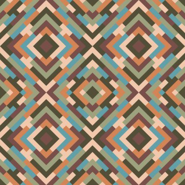 Üçgenleri ve kareleri olan geometrik dikişsiz vektör deseni. Kırmızı, mavi ve kahverengi renklerde tasarım için sonsuz soyut arkaplan