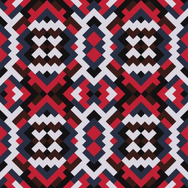 Soyut, dikişsiz, çok renkli desen. Kırmızı ve gri renkli üçgenlerin vektör geometrik arkaplanı. Tekstil, palyaço, halı, warp, kitap kapağı, giysiler için mozaik dokusu