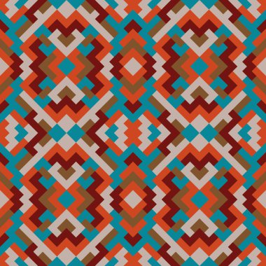 Soyut, dikişsiz, çok renkli desen. Mavi ve kırmızı üçgenlerin vektör geometrik arkaplanı. Tekstil, palyaço, halı, warp, kitap kapağı, giysiler için mozaik dokusu