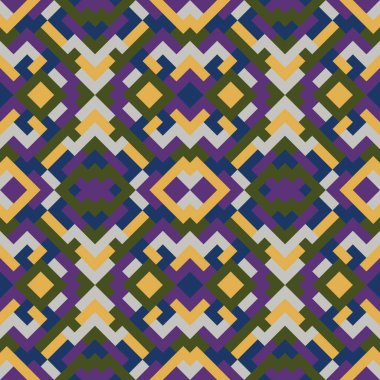 Soyut, dikişsiz, çok renkli desen. Mor, sarı ve koyu yeşil renkli üçgenlerin vektör geometrik arkaplanı. Tekstil, palyaço, halı, warp, kitap kapağı, giysiler için mozaik dokusu