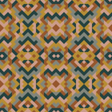 Soyut, dikişsiz, çok renkli desen. Kırmızı, mavi ve gri renkli üçgenlerin vektör geometrik arkaplanı. Tekstil, palyaço, halı, warp, kitap kapağı, giysiler için mozaik dokusu